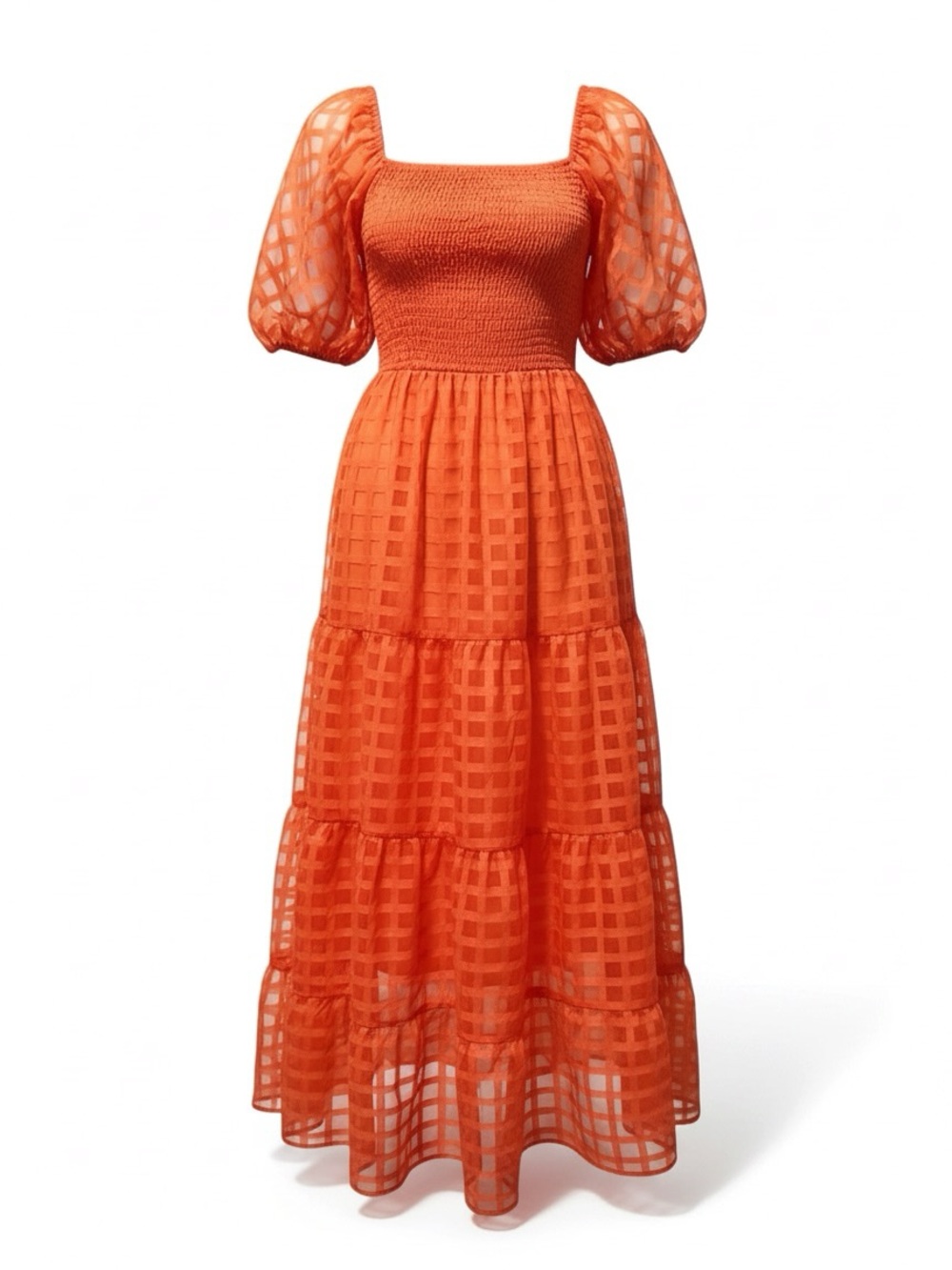 Square-Neck Puff-Sleeve Orange Maxi Dress